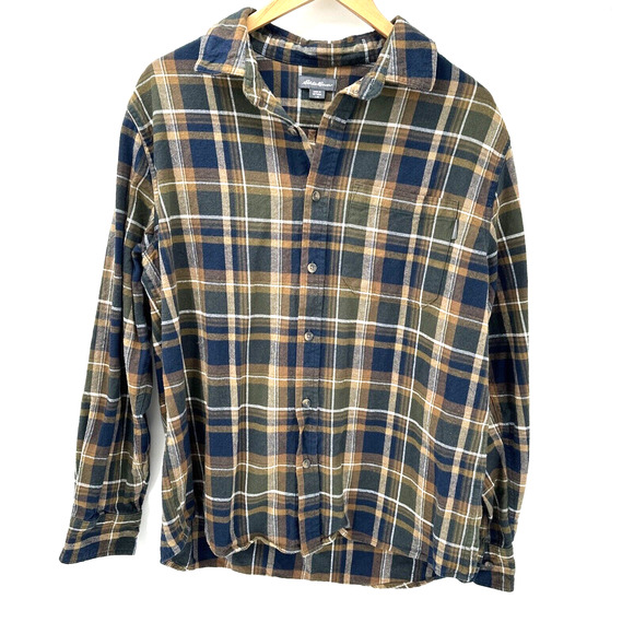 Eddie Bauer Shirt Mens Large Flannel Brown Blue Plaid Cotton Button Up Outdoor - Picture 1 of 9